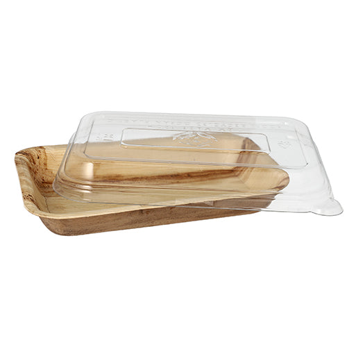 The Starpak 10 Bowls Palm Leaf with rPET Lid 'Combo Pack' consists of eco-friendly bowls made from palm leaf with a natural wood grain and transparent lids made from recycled PET, slightly angled to highlight both the sustainable bowl and the transparent lid.