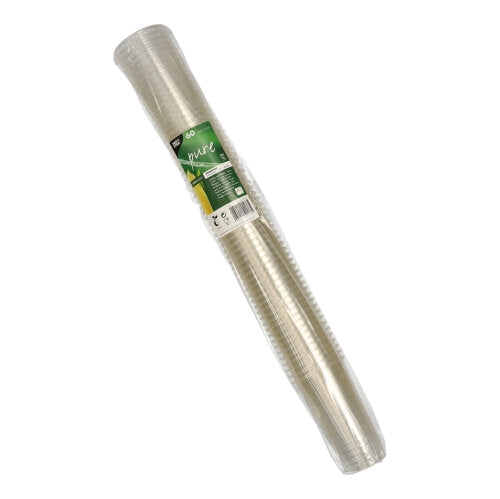 A pack of 60 crystal-clear PAPSTAR "pure" PLA beer cups (0.2 l, Ø 7.05 cm, 12.4 cm) from PAPSTAR GmbH is depicted with a green-white label in a transparent plastic packaging on a white background.