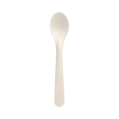On a white background is a PAPSTAR paper spoon from the 50-pack "pure" (17.6 cm, white) by PAPSTAR GmbH depicted with the front side up - a sustainable paper alternative to plastic cutlery.