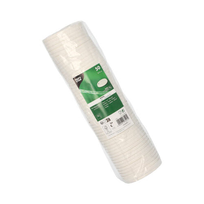 A pack of 50 white PAPSTAR paper cup lids (Ø 8 cm) from PAPSTAR GmbH is packaged in plastic wrap with a green-white label - perfect for environmentally friendly serving in combination with the matching PAPSTAR cups.