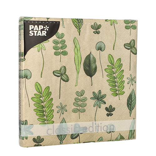 A brown PAPSTAR napkin package with a green leaf motif, labeled "classic edition," contains 20 three-ply napkins (33x33 cm, 1/4-fold) from the Design Set 6 of PAPSTAR GmbH.