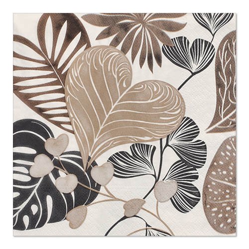 The PAPSTAR 20 napkins, 33 cm x 33 cm, 3-ply from PAPSTAR GmbH feature a botanical leaf design in brown, taupe, and black with delicate line details on a bright white background.
