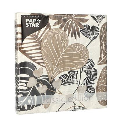 A pack of PAPSTAR 20 napkins, 33x33 cm, 3-ply, 1/4 fold design set 2 from PAPSTAR GmbH with a beige, brown, and gray botanical leaf and heart pattern. The packaging reads "classic edition" with the PAPSTAR logo at the top left.