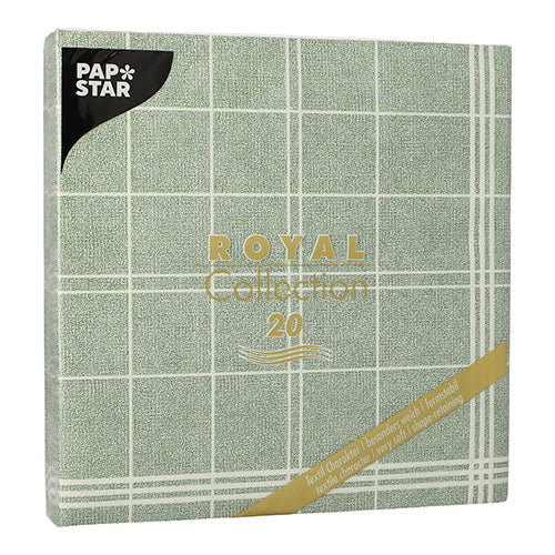 The PAPSTAR 20 napkins "ROYAL Collection" (1/4-fold, 40x40 cm) from PAPSTAR GmbH have a green checkered pattern with golden lettering, contain 20 square napkins per plastic package - ideal for table decoration.