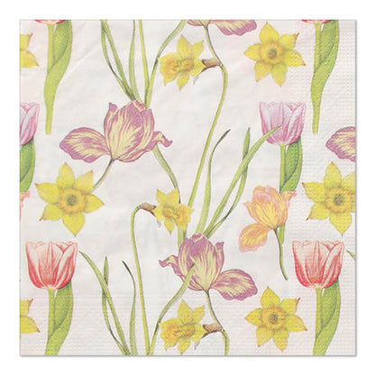 The PAPSTAR GmbH 20 napkins, 33x33 cm, 3-ply, 1/4-fold (Design Set 1) feature a repeating floral pattern of yellow daffodils and pink tulips with green stems and leaves.