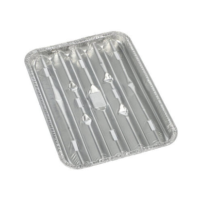The photo shows a rectangular disposable aluminum tray (1.4 x 16.3 x 22.7 cm) from Starpak 10 grill trays with raised ribs and a wavy edge made of durable foil on a white background. The package contains 10 pieces.