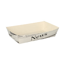 The 50 French fry trays "Newsprint" from PAPSTAR GmbH are rectangular, white snack trays with printed newspaper design - ideal for serving at barbecues. The empty tray is depicted on a plain white background.
