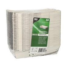 A stack of 50 white PAPSTAR French fry trays "Newsprint" from PAPSTAR GmbH, wrapped in foil with a green-white eco-label - ideal for barbecues.