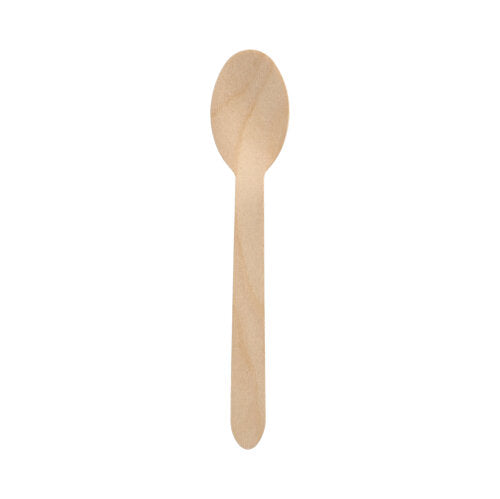 The PAPSTAR wooden spoon "pure" 16 cm, waxed, environmentally friendly (100 pieces, PAPSTAR GmbH) is shown with a rounded bowl and straight handle - ideal for use in the catering industry.