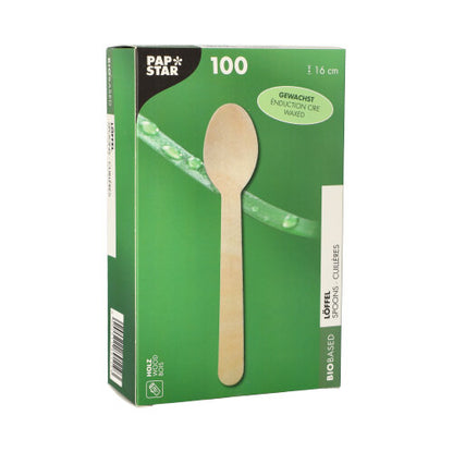 A green-white box from PAPSTAR GmbH with the inscription "wooden spoon pure" contains 100 waxed, environmentally friendly wooden spoons (16 cm) in a folding box - ideal for the catering industry, with spoon and leaf motif on the front.