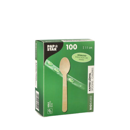 The green box "Wooden coffee spoons 'pure', 11 cm, waxed" from PAPSTAR GmbH contains 100 eco-friendly wooden coffee spoons, each 11 cm long; on the front of the box, there is a spoon motif depicted.