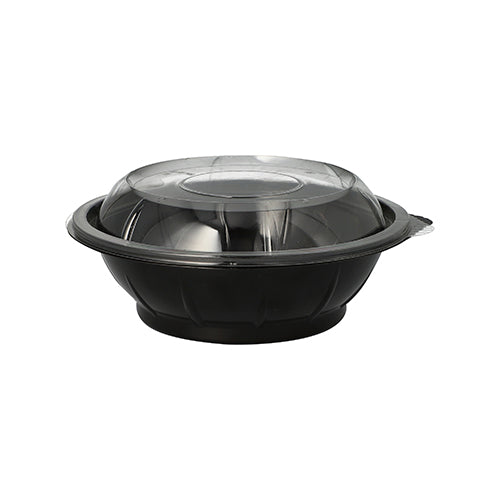 The Starpak 25 salad bowl set includes black 600 ml food containers made of PET (Ø 16.6 cm, height 5.9 cm) with clear domed 'Snap It' lids made of R-PET, depicted on a white background (25 pieces per pack).