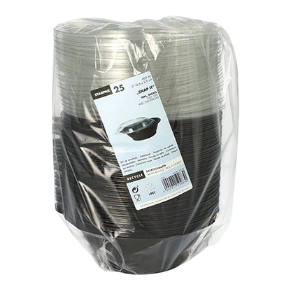 A pack of 25 black Starpak 'Snap It' salad bowls (PET, 600 ml, Ø16.6 cm, 5.9 cm) with a clear R-PET lid, wrapped in plastic film and featuring a white label on the front with product details and barcode.