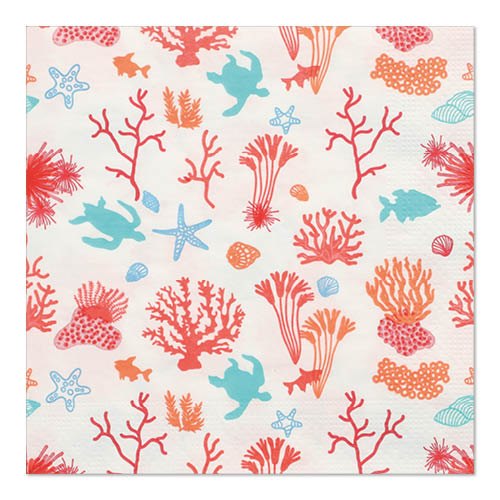 Colorful underwater scene with corals, starfish, turtles, shells, and fish in a repeating pattern on PAPSTAR 20 napkins, 33x33 cm, 3-ply, 1/4-fold from the PAPSTAR GmbH Design Set 1.