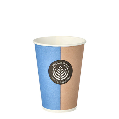 The Starpak 100 drinking cups are disposable paper cups with a capacity of 0.18 l and a blue-brown vertically divided design. On the front is a black, round "Specialty To Go fresh hot & delicious" logo. The package contains 100 to-go cups with a diameter of 7.01 cm and a height of 9.2 cm.