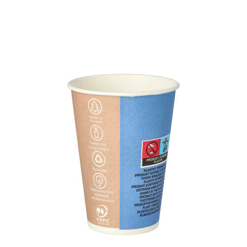 The Starpak 100 drinking cup "To Go" (0.18 l, Ø 7.01 cm, 9.2 cm), a paper cup with an environmentally friendly brown-blue design as well as product information and warning notice, stands upright against a plain white background. Pack of 100 pieces.
