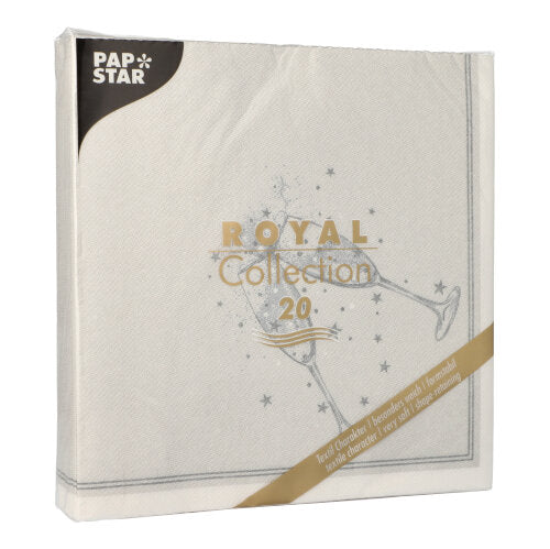 The PAPSTAR GmbH 20 napkins "ROYAL Collection" (1/4-fold, 40x40cm) come in a square white package with a minimalist champagne glass design - perfect for a stylish table decoration.