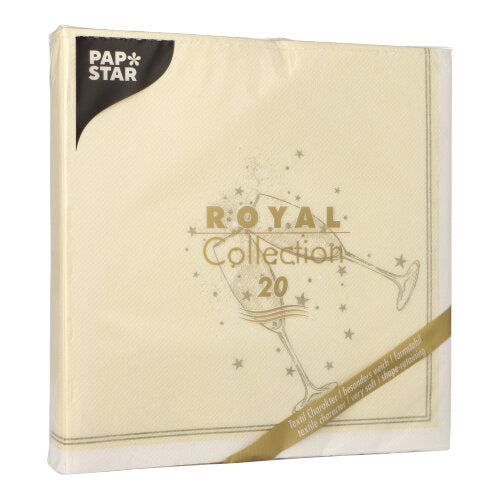 A pack of PAPSTAR 20 napkins "ROYAL Collection" 1/4-fold (40x40 cm) from PAPSTAR GmbH, cream-colored with golden champagne glass and star design, features a mostly transparent packaging with FSC-certified marking.