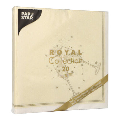A pack of PAPSTAR 20 napkins "ROYAL Collection" 1/4-fold (40x40 cm) from PAPSTAR GmbH, cream-colored with golden champagne glass and star design, features a mostly transparent packaging with FSC-certified marking.
