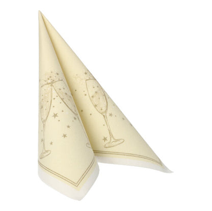 The PAPSTAR 20 napkins "ROYAL Collection" (40 x 40 cm, 1/4-folded) of the PAPSTAR GmbH are cream-colored, printed with champagne glasses and stars, and made of premium tissue for an elegant touch.