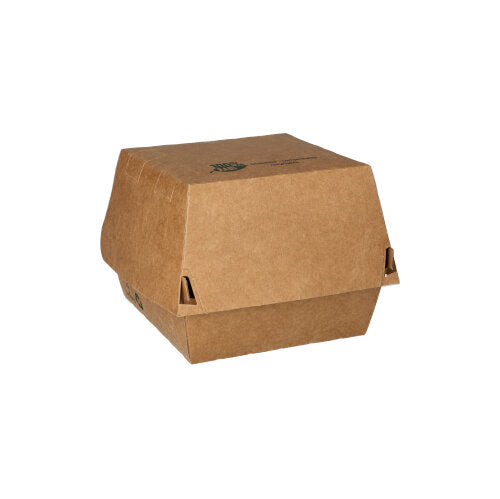 The PAPSTAR GmbH offers with the 80 burger boxes made of brown cardboard "100% Fair" a sustainable packaging solution, ideal for eco-friendly catering businesses, presented against a plain white background.