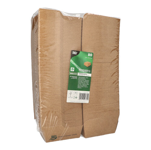 The 80-pack "100% Fair" burger boxes made of brown cardboard from PAPSTAR GmbH is rectangular, stacked, and wrapped in foil with a green-white label - perfect for sustainable catering businesses.