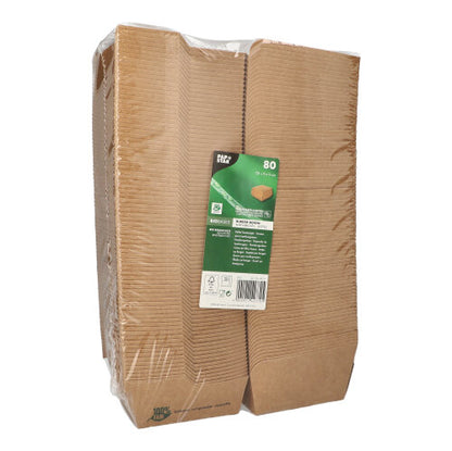 The 80-pack "100% Fair" burger boxes made of brown cardboard from PAPSTAR GmbH is rectangular, stacked, and wrapped in foil with a green-white label - perfect for sustainable catering businesses.