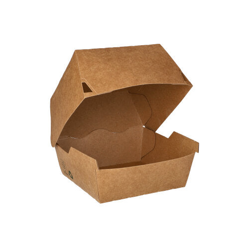 The PAPSTAR 80 burger boxes made of brown cardboard "100% Fair" from PAPSTAR GmbH are open and empty against a white background - ideal as eco-friendly take-away packaging for sustainable catering businesses.