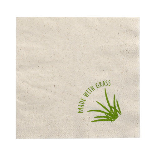 The 2-ply napkins (33 x 33 cm, 1/8-fold) from PAPSTAR GmbH impress with their light beige color with brown speckles, the green lettering 'MADE WITH GRASS' and a grass symbol – perfect for a stylish table decoration. Package contains 250 napkins.