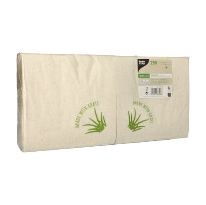 A rectangular package with 250 beige 2-ply PAPSTAR napkins (33 x 33 cm, 1/8-fold) from PAPSTAR GmbH with the inscription 'Made with Grass' and green grass graphic – ideal for stylish table decoration.