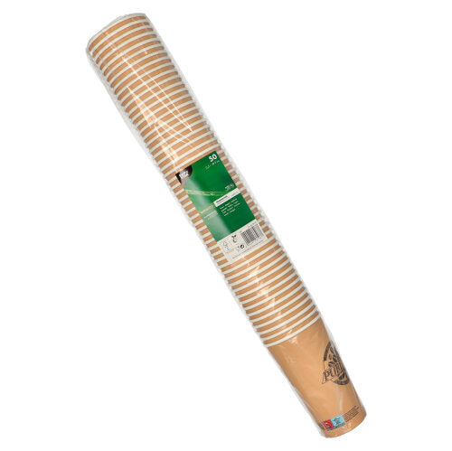 Ein Stapel von 50 PAPSTAR 0,5 l Pappbechern der PAPSTAR GmbH, verpackt in Klarsichtfolie mit einem grün-weißen Etikett mit Produktinformationen.