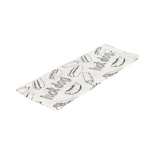 Pictured is a flat, white PAPSTAR hot dog bag paper packaging (21x8.5 cm) with black hot dog line drawing and "Hot Dog" text from the 1000-piece shrink pack of PAPSTAR GmbH on a white background.