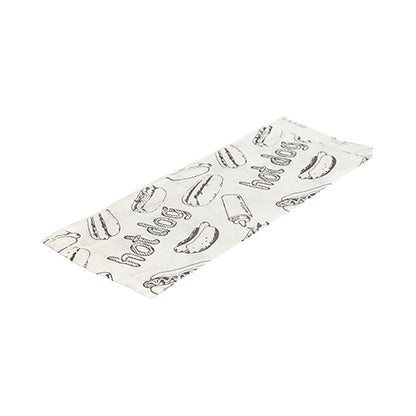 Pictured is a flat, white PAPSTAR hot dog bag paper packaging (21x8.5 cm) with black hot dog line drawing and "Hot Dog" text from the 1000-piece shrink pack of PAPSTAR GmbH on a white background.