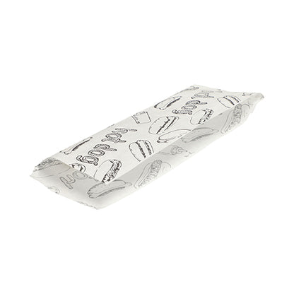 A hot dog or sandwich wrapped in a white PAPSTAR hot dog bag (21x8.5 cm) with black snack drawings, sealed on both sides, from PAPSTAR GmbH; ideal for snacks and available as a 1000-piece pack.