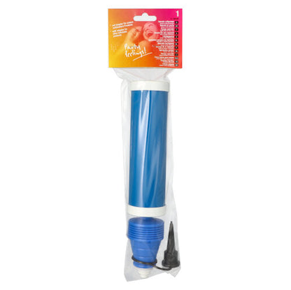 The PAPSTAR special balloon pump is a 27.5 cm large, blue, manual air pump for parties, packaged in a transparent bag with a red-orange label, from PAPSTAR GmbH.
