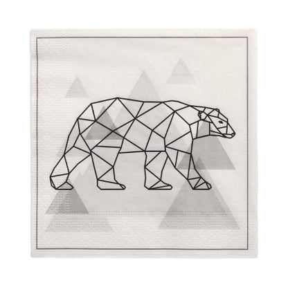 The PAPSTAR 20 napkins from PAPSTAR GmbH are 3-ply napkins (33 x 33 cm, 1/4-fold) with a geometric black polar bear and gray triangle motif on white, accented by a thin black border.