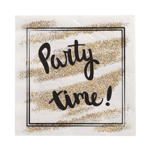The PAPSTAR GmbH 20 napkins, 33 cm x 33 cm, 3-ply, design set 2 napkins show "Party time!" in bold black lettering with golden glitter accents on a white background with a double-lined black border.