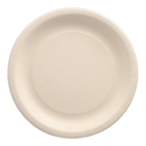 The PAPSTAR 20 plates made from agricultural residues "pure" - round, beige disposable plates made from sustainable raw materials with a slightly raised edge by PAPSTAR GmbH, photographed from above on a white background.