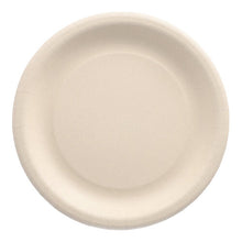 The PAPSTAR 20 plates made from agricultural residues "pure" - round, beige disposable plates made from sustainable raw materials with a slightly raised edge by PAPSTAR GmbH, photographed from above on a white background.