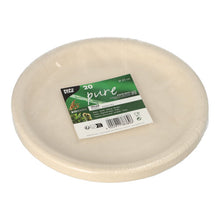 A stack of 20 round, beige PAPSTAR 20 plates made from agricultural residues "pure" by PAPSTAR GmbH, wrapped in foil and provided with a green-black label on the top showing product information and barcodes.