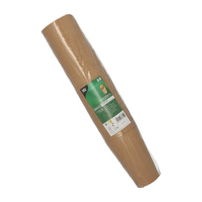 A rolled sheet of brown kraft paper, wrapped in foil, with a green-white label from PAPSTAR GmbH – perfect for crafting eco-friendly wrap cups from cardboard or for parties and events. Product: PAPSTAR 50 Wrap Cups, brown cardboard.