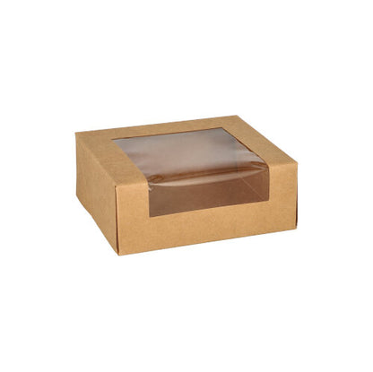 The PAPSTAR 25 sushi trays, rectangular brown cardboard of PAPSTAR GmbH are brown boxes with a transparent plastic window, ideal for sushi. The environmentally friendly packaging is depicted on a simple white background.
