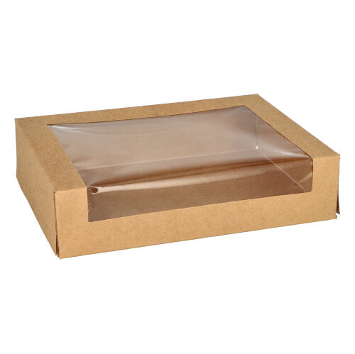 The PAPSTAR 25 sushi trays, rectangular brown cardboard from PAPSTAR GmbH are environmentally friendly rectangular boxes with a transparent window in the lid, ideal as an alternative to classic sushi trays.