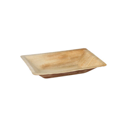 The PAPSTAR 25 palm leaf plates "pure" square natural from PAPSTAR GmbH is a rectangular, environmentally friendly disposable tray made of natural palm leaf - perfect for stylish and biodegradable serving, depicted on a plain white background.