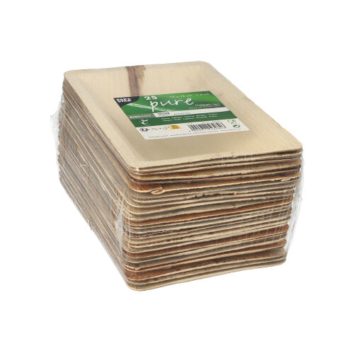 A pack of 25 PAPSTAR "pure" square disposable plates made of natural palm leaf, biodegradable, from PAPSTAR GmbH, packaged in foil with a green label.
