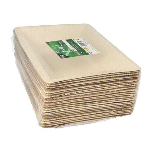 A stack of PAPSTAR 25 palm leaf plates "pure" square natural from PAPSTAR GmbH: rectangular, beige disposable plates made of natural palm leaf, biodegradable, in clear plastic packaging with green-white label.