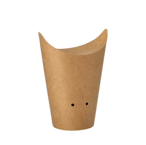 The PAPSTAR 50 French fries cone made of brown cardboard (Ø 6 cm) from PAPSTAR GmbH is biodegradable, round-shaped, with an additional opening and two small holes at the bottom - presented against a white background.