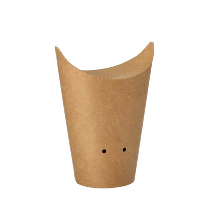 The PAPSTAR 50 French fries cone made of brown cardboard (Ø 6 cm) from PAPSTAR GmbH is biodegradable, round-shaped, with an additional opening and two small holes at the bottom - presented against a white background.