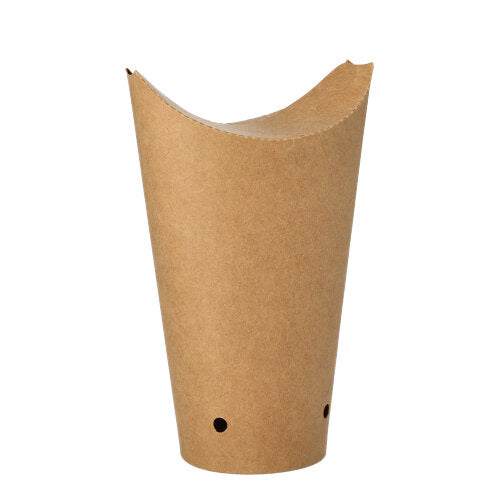 The PAPSTAR 50 French fries cone, round cardboard Ø 6 cm brown from PAPSTAR GmbH is a brown, conical, biodegradable fries holder with a curved top edge and two small holes near the base, presented upright on a white background.
