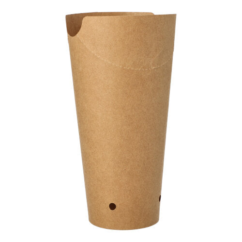 A single PAPSTAR 50 French fries cone, round cardboard Ø 6 cm brown from PAPSTAR GmbH stands upright with two small holes near the bottom against a plain white background.